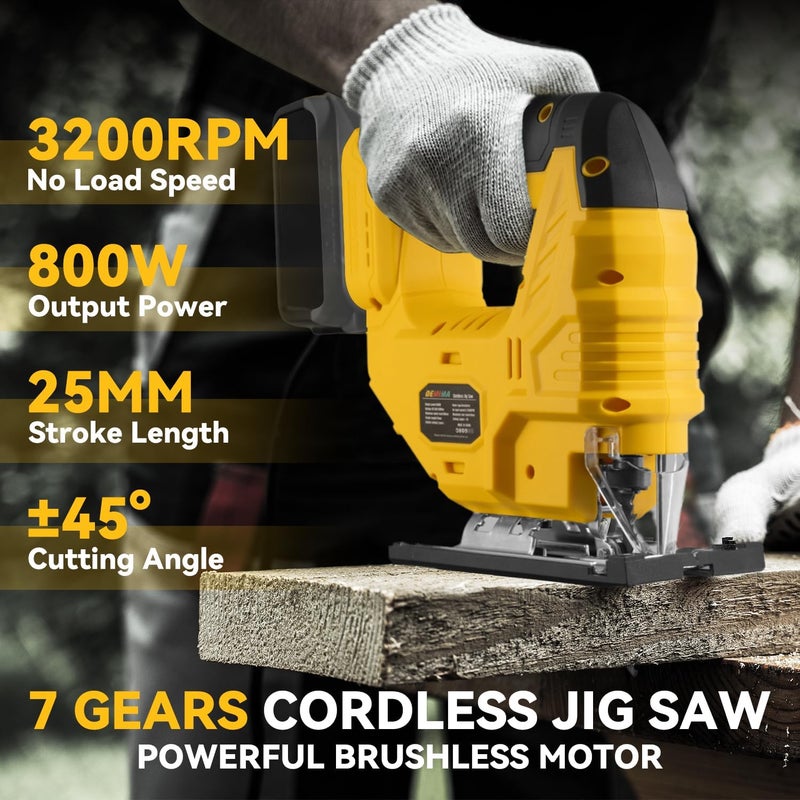 DEMIMA Cordless Jig Saw for De-Walt 20V Battery, 7 Speed Variable ​​Up to 3200RPM, LED Light, 45° Bevel Cuts, 3 Orbital Motions, with Jig Saw Blade for Straight/Curve/Circle Cutting(Battery Not Include) - Image 2